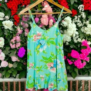 Chloe K 90s Floral Tropical Print V Neck Ruffle Beachy Slip Mini Dress Sundress